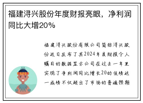 福建浔兴股份年度财报亮眼，净利润同比大增20%