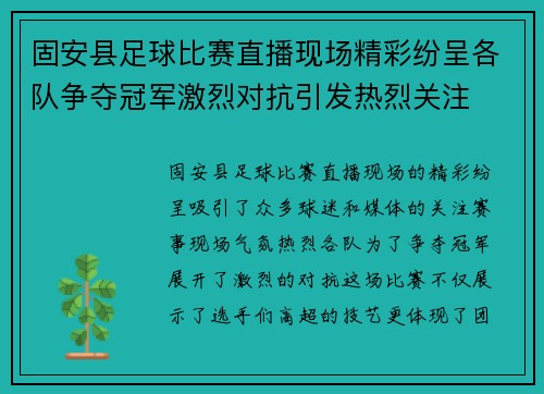 固安县足球比赛直播现场精彩纷呈各队争夺冠军激烈对抗引发热烈关注
